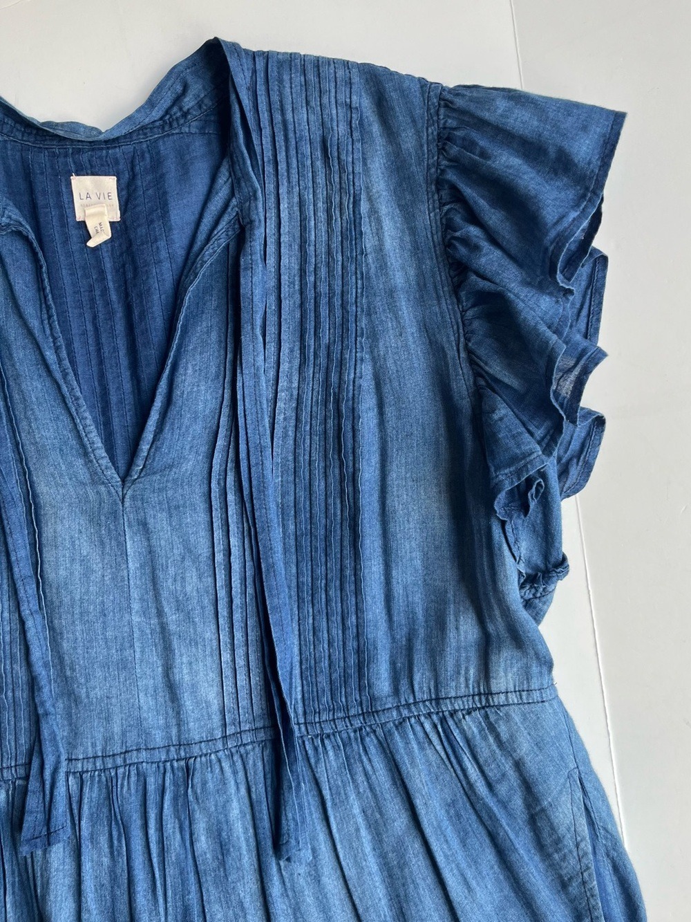 Rebecca Taylor La Vir Pleated Chambray Tie-Neck Dress - Picture 7 of 11